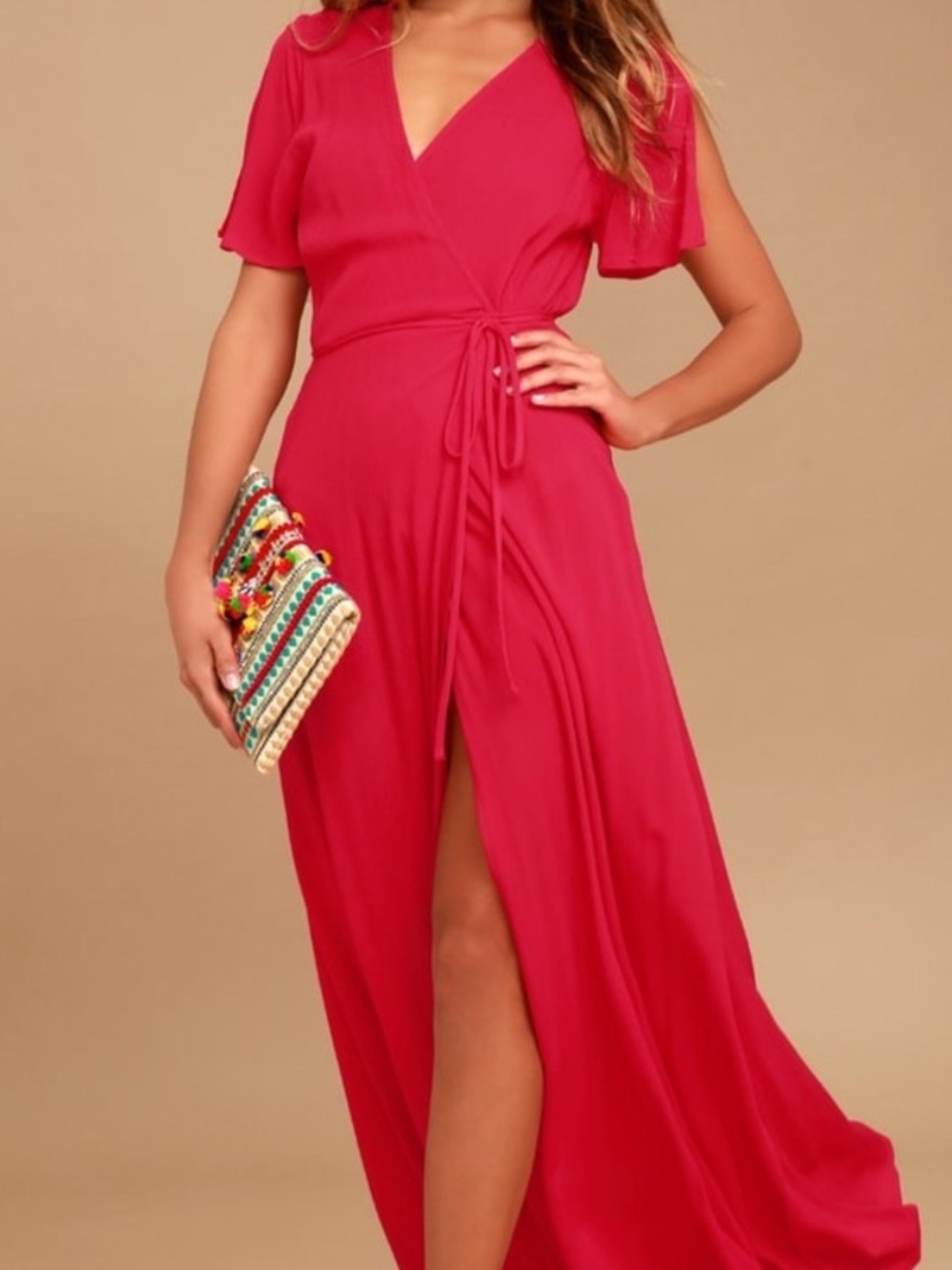 Lulu's Red Wrap Maxi Dress with Short Flutter Sleeves sold out online